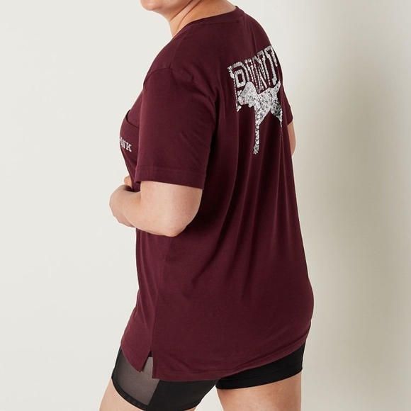 Victoria's Secret PINK Campus Short Sleeve Tee Russian Ruby Shine NEW - Picture 3 of 4